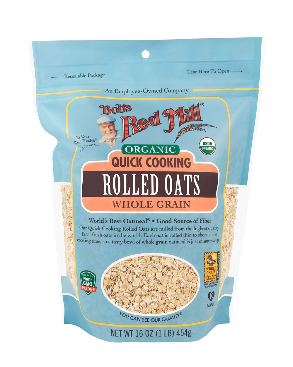 Bob's Red Mill Organic Quick Cooking Rolled Oats bag front ready for a wholesome breakfast.