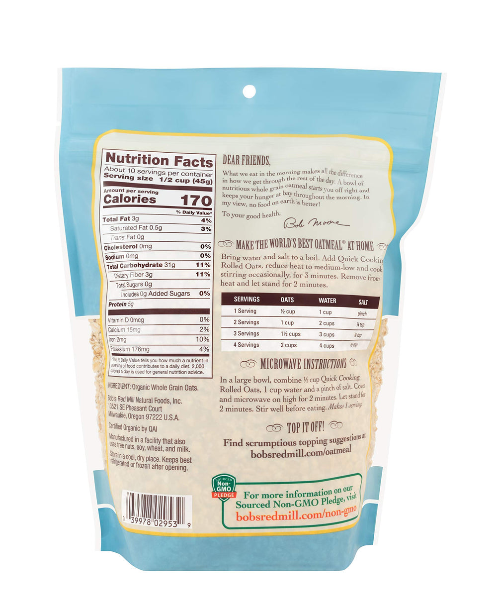 Bob's Red Mill Organic Quick Cooking Rolled Oats label highlights organic and Non-GMO quality.