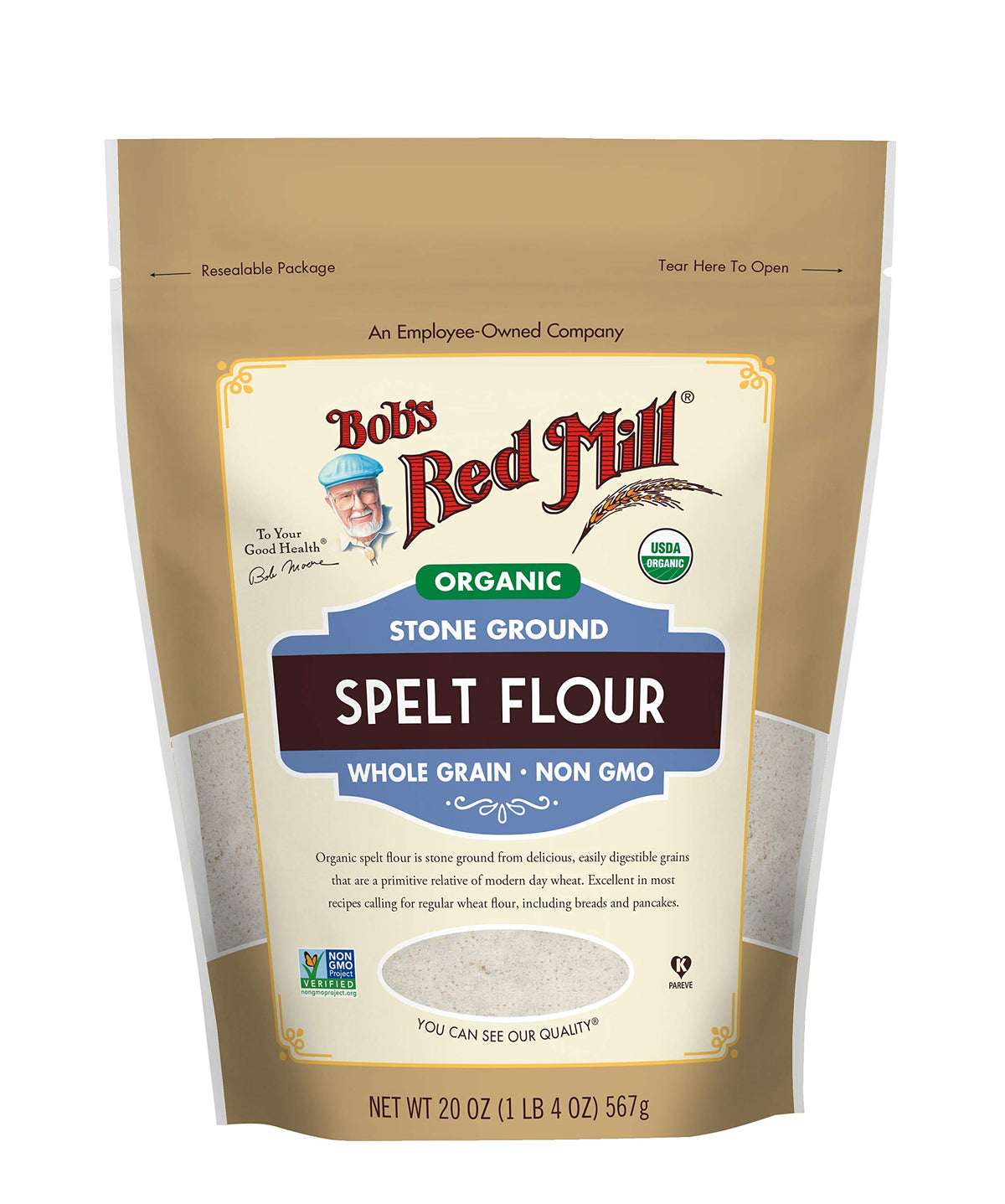 Bob's Red Mill Organic Spelt Flour bag on counter, ideal for wholesome baking.