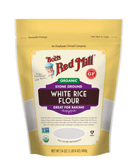 Bob's Red Mill Organic White Rice Flour bag, smooth powder for gluten-free baking