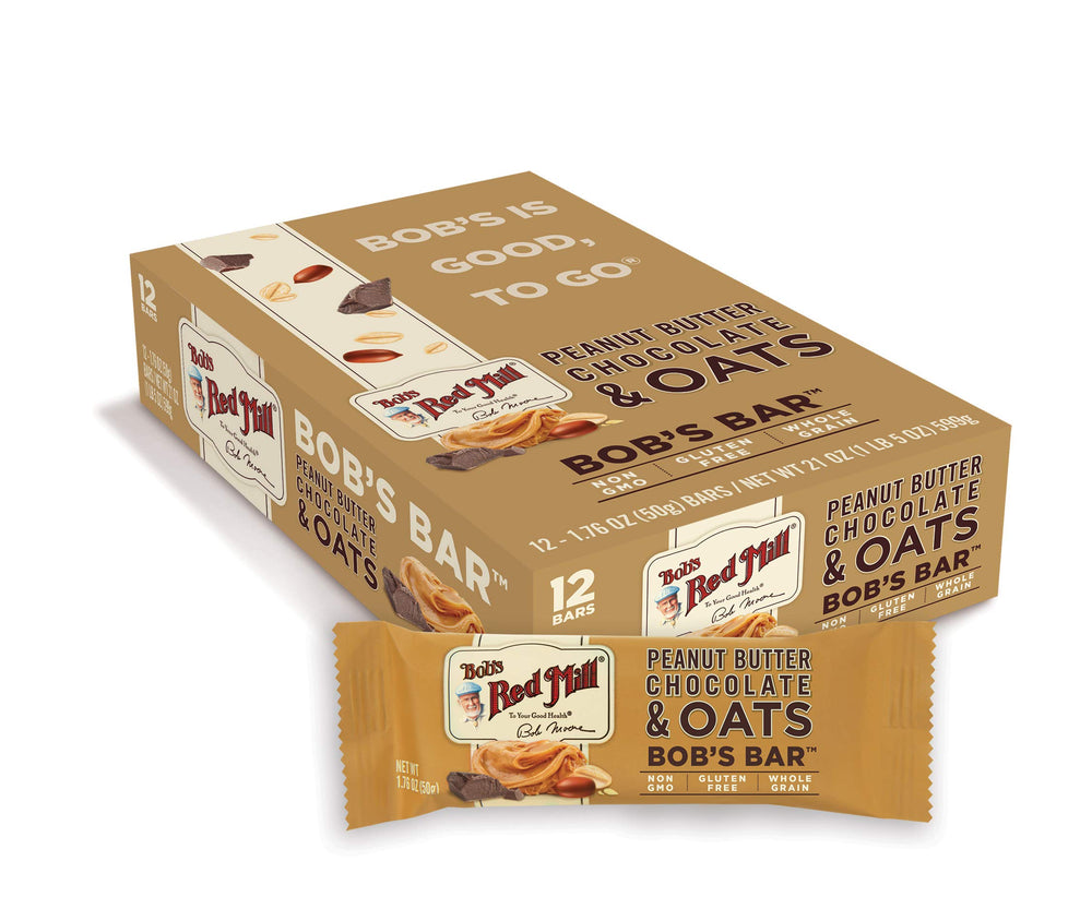 Unwrapped Bob's Red Mill bar reveals peanut butter and chocolate bits for a quick bite