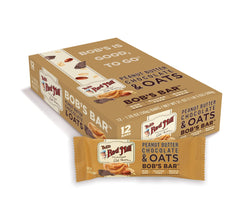 Unwrapped Bob's Red Mill bar reveals peanut butter and chocolate bits for a quick bite