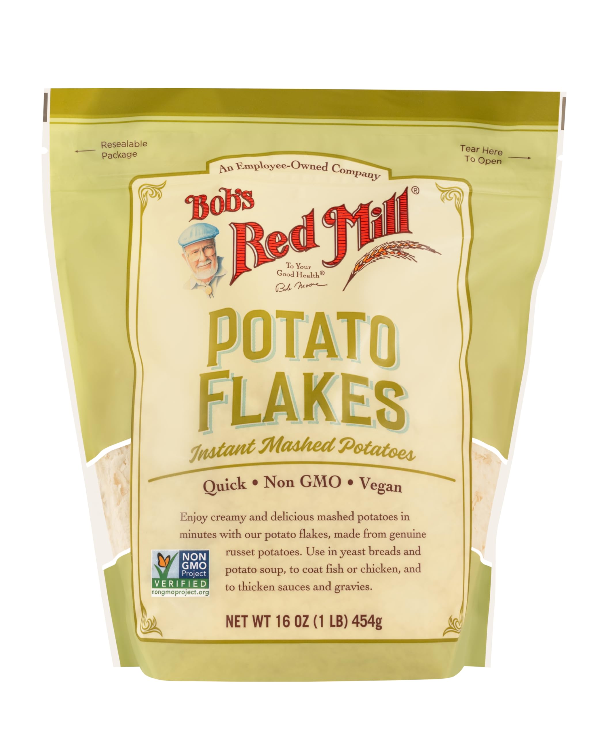 Bob's Red Mill Potato Flakes on a kitchen counter ready to use