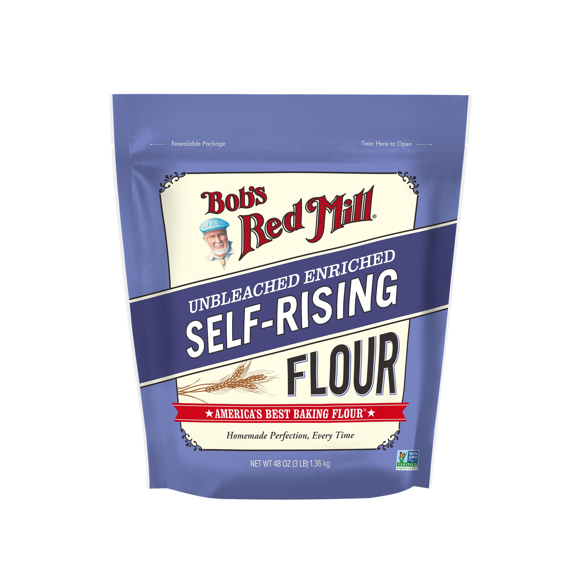Bob's Red Mill Self-Rising Flour bag on kitchen counter for easy, no-measure baking