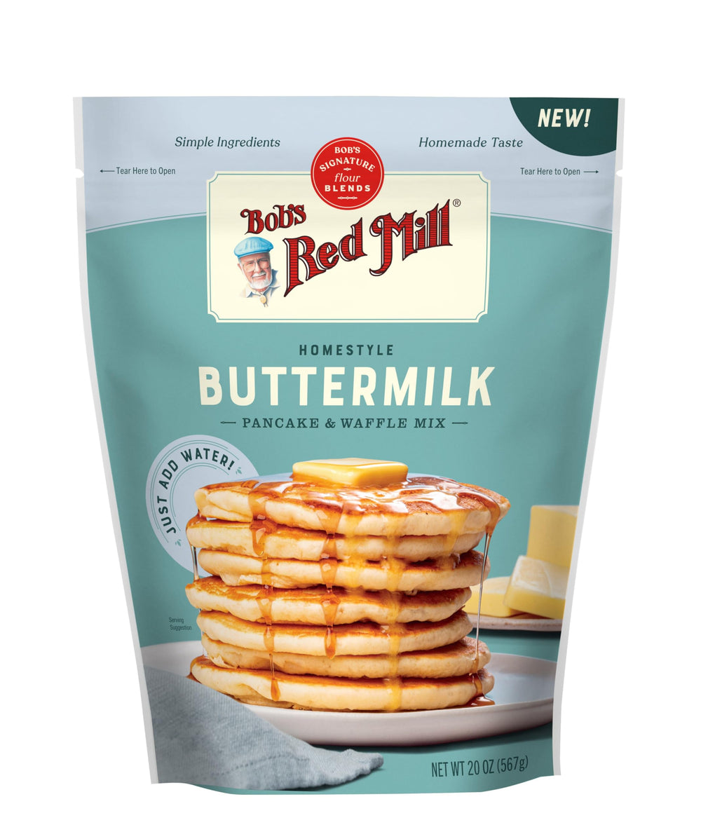 Stack of fluffy pancakes with butter using Bob's Red Mill mix for family breakfasts.
