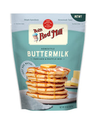 Stack of fluffy pancakes with butter using Bob's Red Mill mix for family breakfasts.