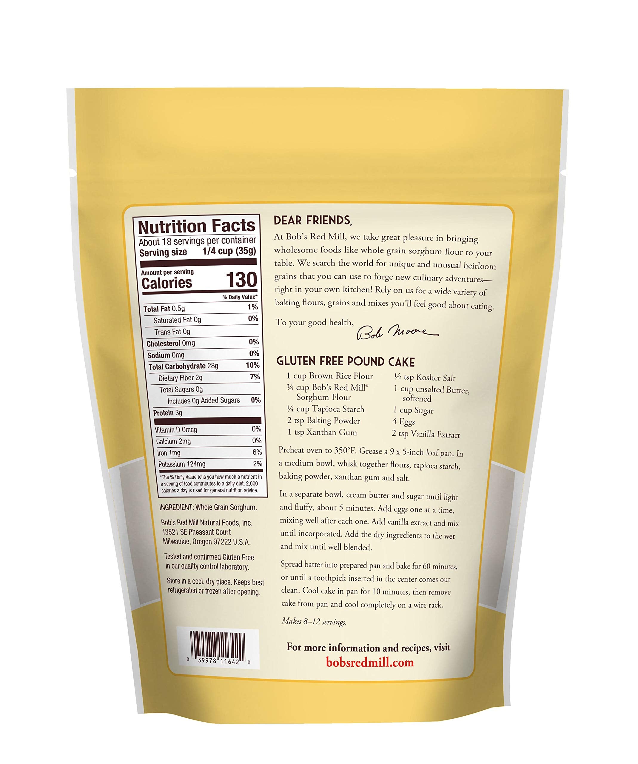 Bob's Red Mill sorghum flour bag closeup emphasizes wholesome, whole grain baking.