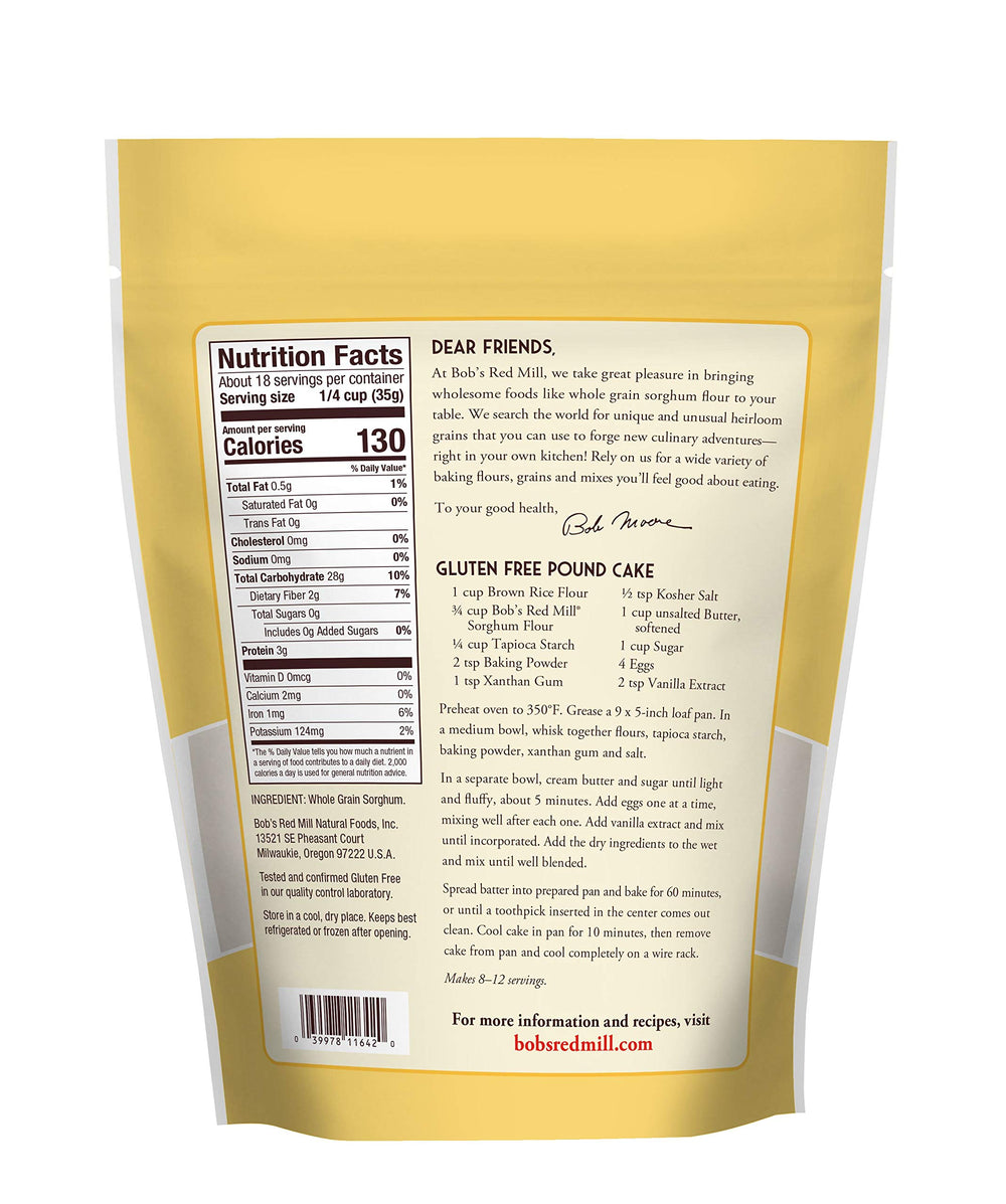 Bob's Red Mill sorghum flour bag closeup emphasizes wholesome, whole grain baking.
