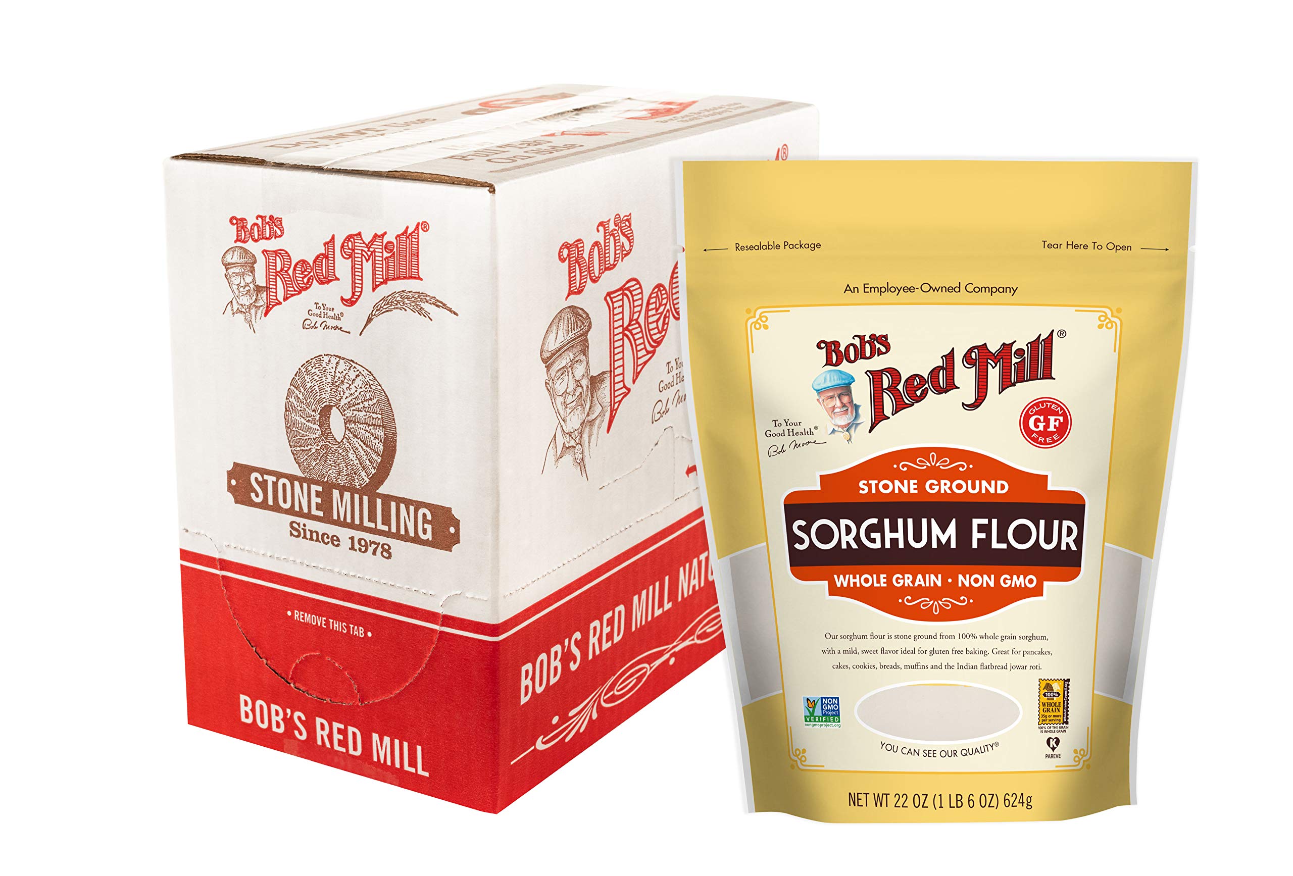 Bob's Red Mill sorghum flour packaging, ideal for gluten-free cooking prep.