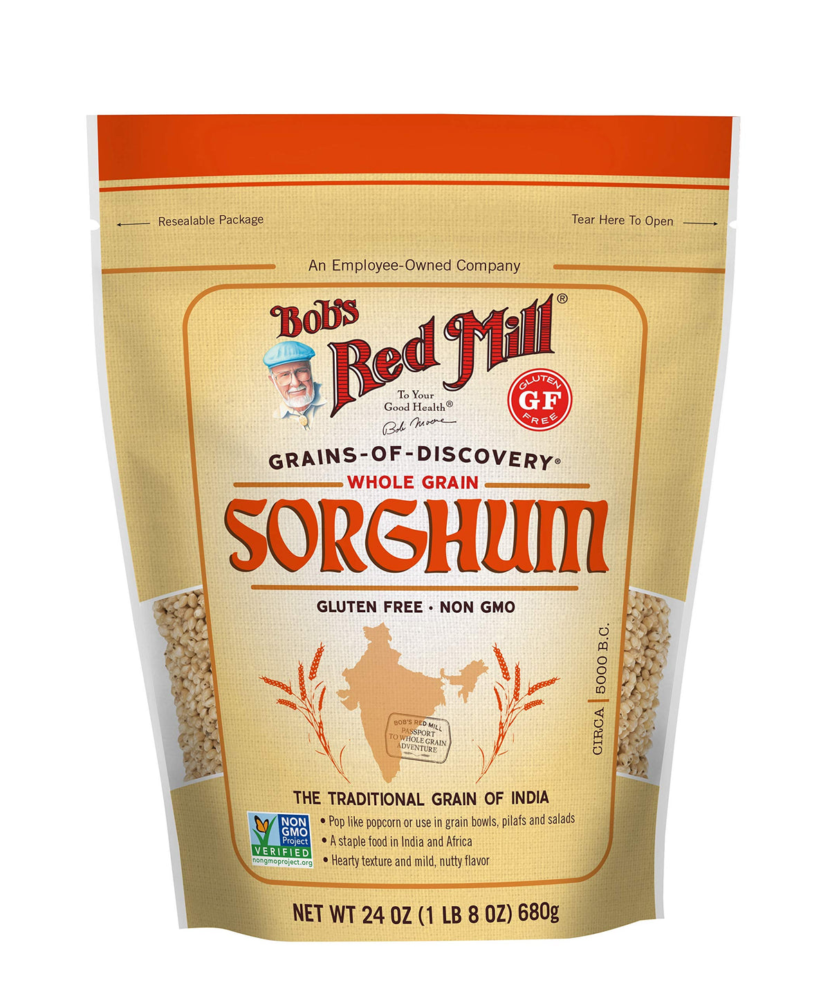 Bob's Red Mill Sorghum grain bag highlights a gluten-free, nutrient-rich whole grain.