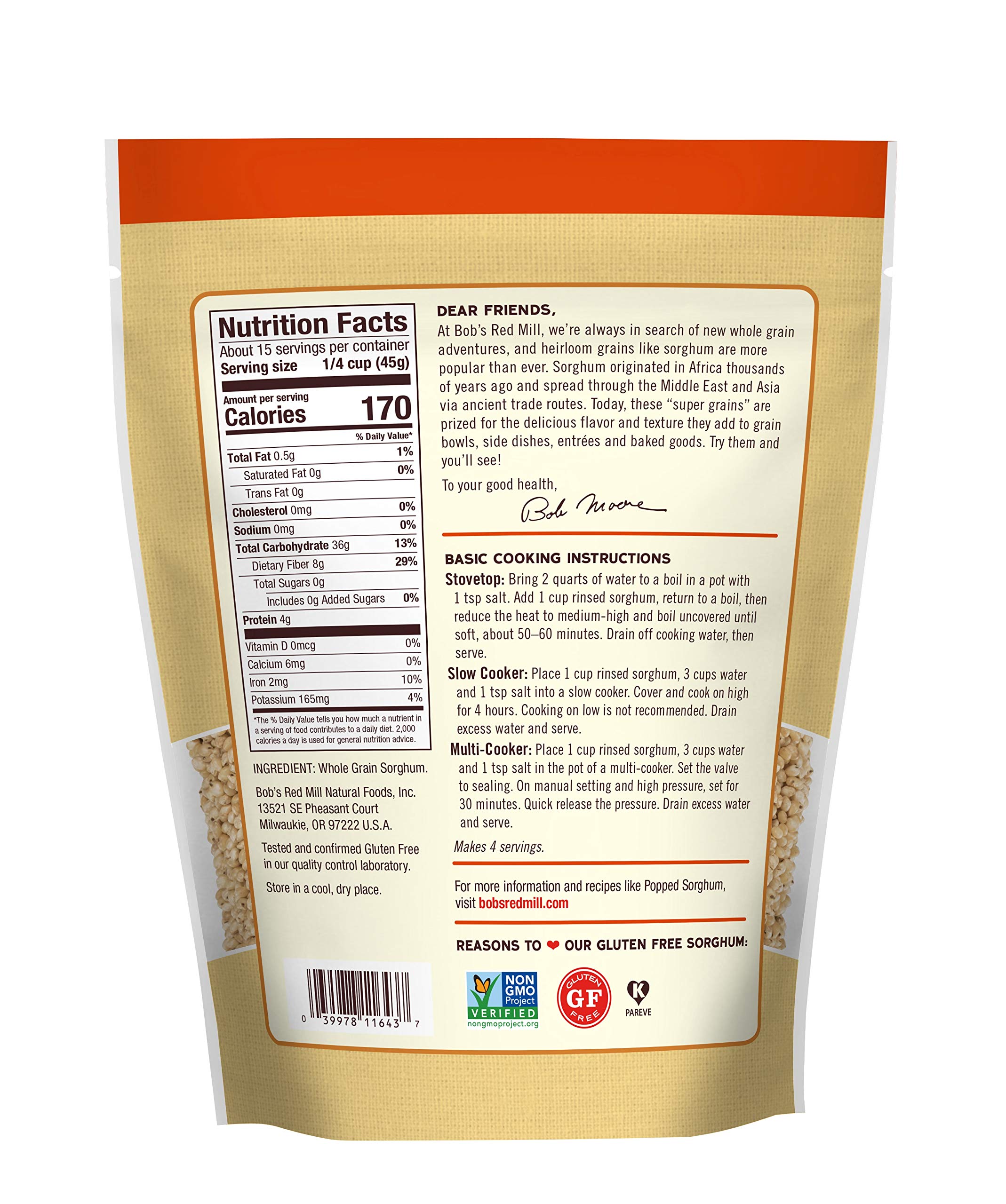 Bob's Red Mill Sorghum grain popped image showing a light, crunchy gluten-free snack option.