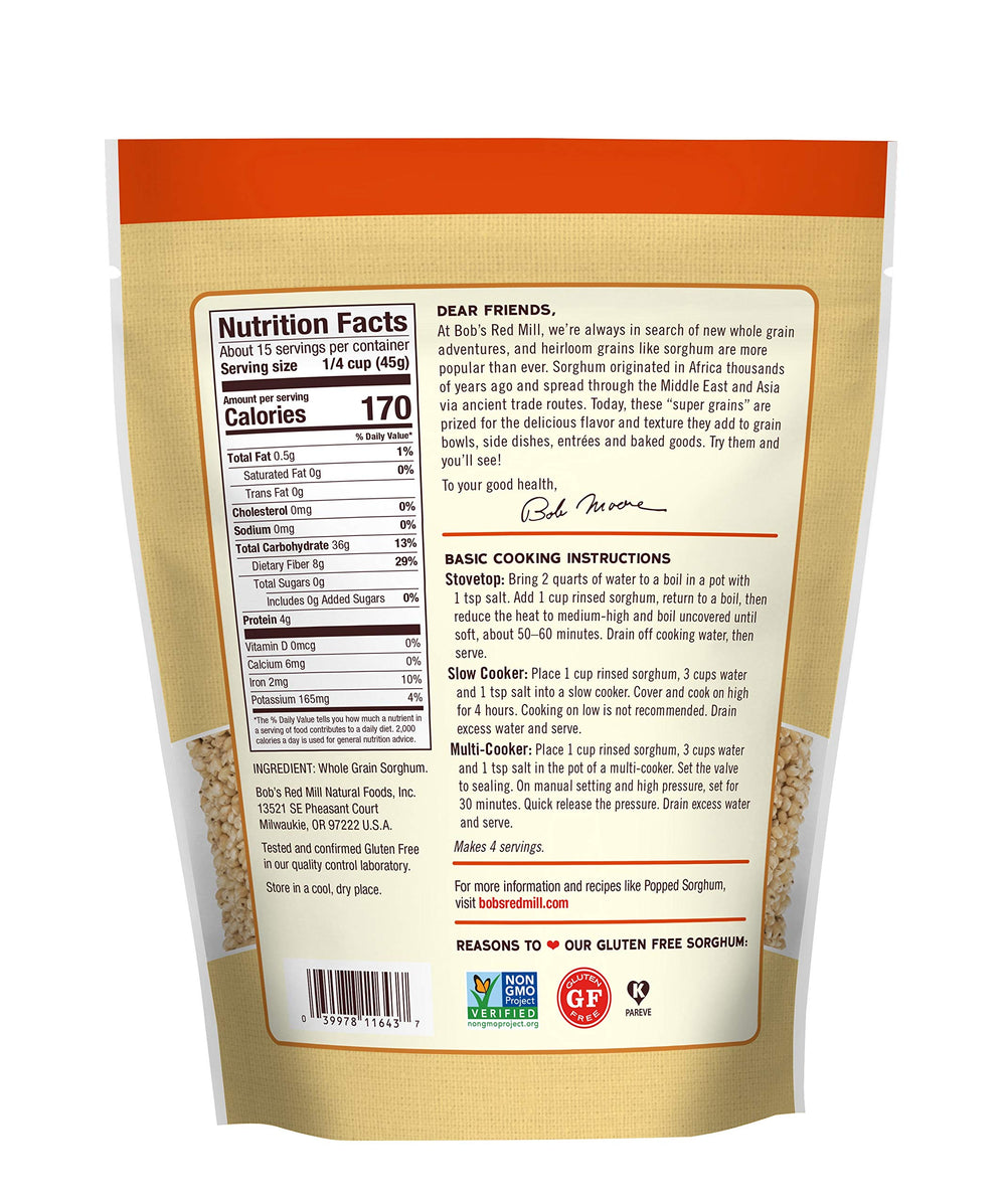 Bob's Red Mill Sorghum grain popped image showing a light, crunchy gluten-free snack option.