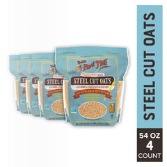 Bob's Red Mill steel cut oats blue bag on counter, convenient pantry staple.