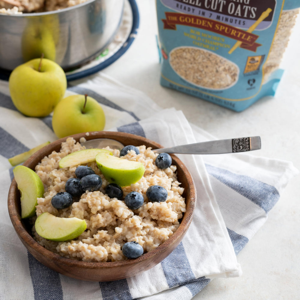 Bob's Red Mill steel cut oats in savory dish pan, versatile base.