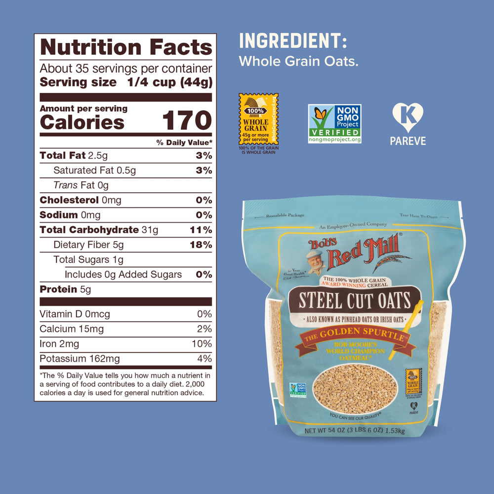 Bob's Red Mill steel cut oats on shelf, Non-GMO verified packaging.