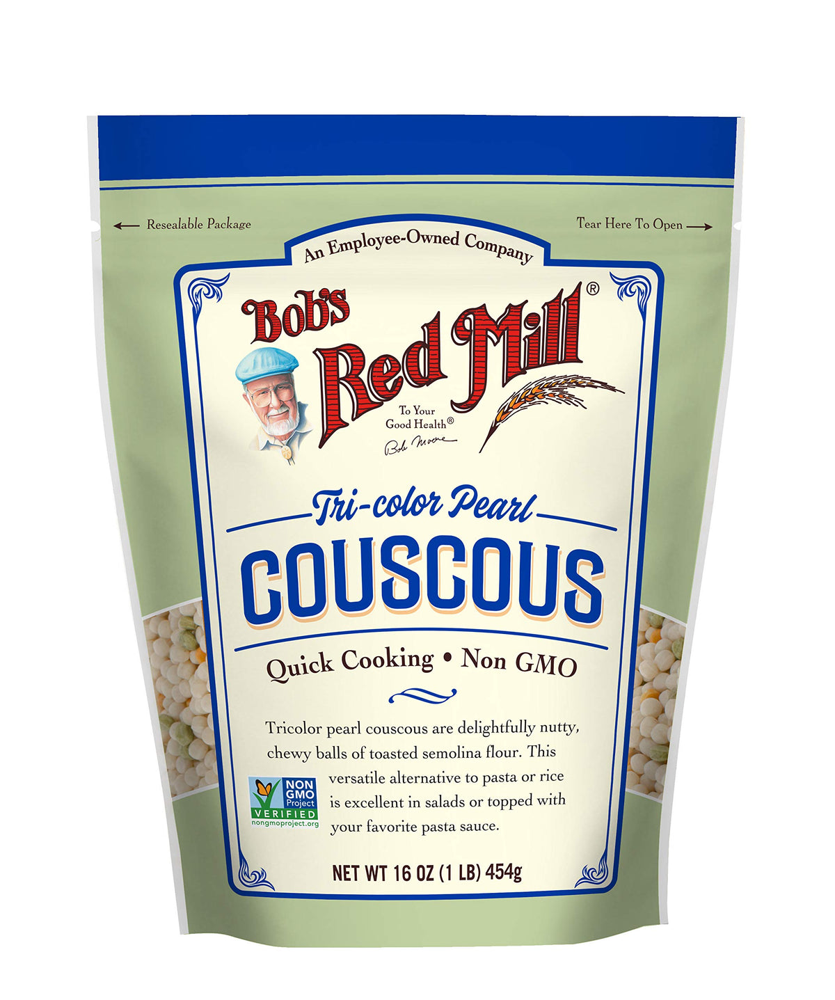 Bob's Red Mill Tri-Color Pearl Couscous packaging showing natural spinach and tomato colors