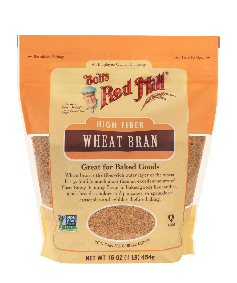 Bob's Red Mill Wheat Bran in a mixing bowl for baking.