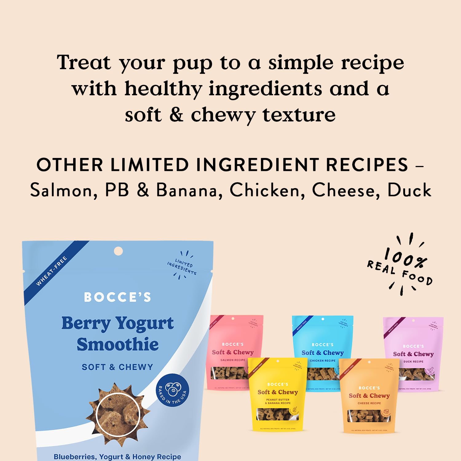 Bocce's Berry Smoothie soft-chewy treats are USA-baked, ideal for daily rewards.