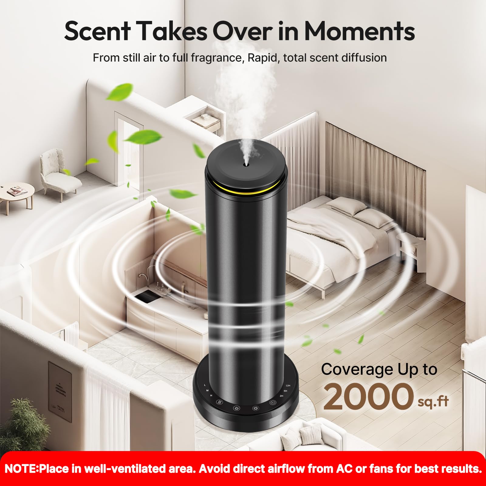 BOCT aluminum tower diffuser with LED night light creates calming ambience