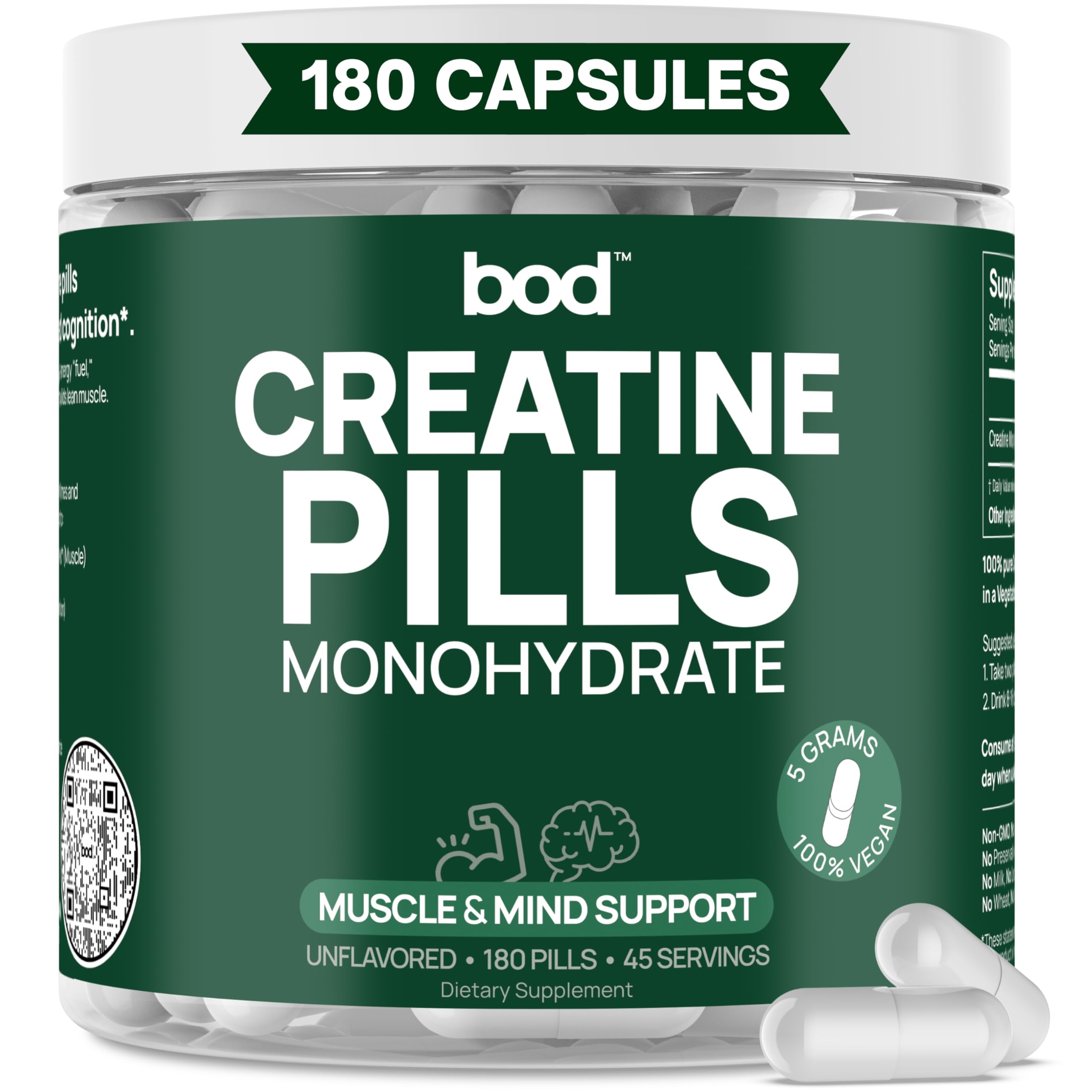 Bod Creatine Monohydrate capsules deliver a 5 g dose for strength and performance