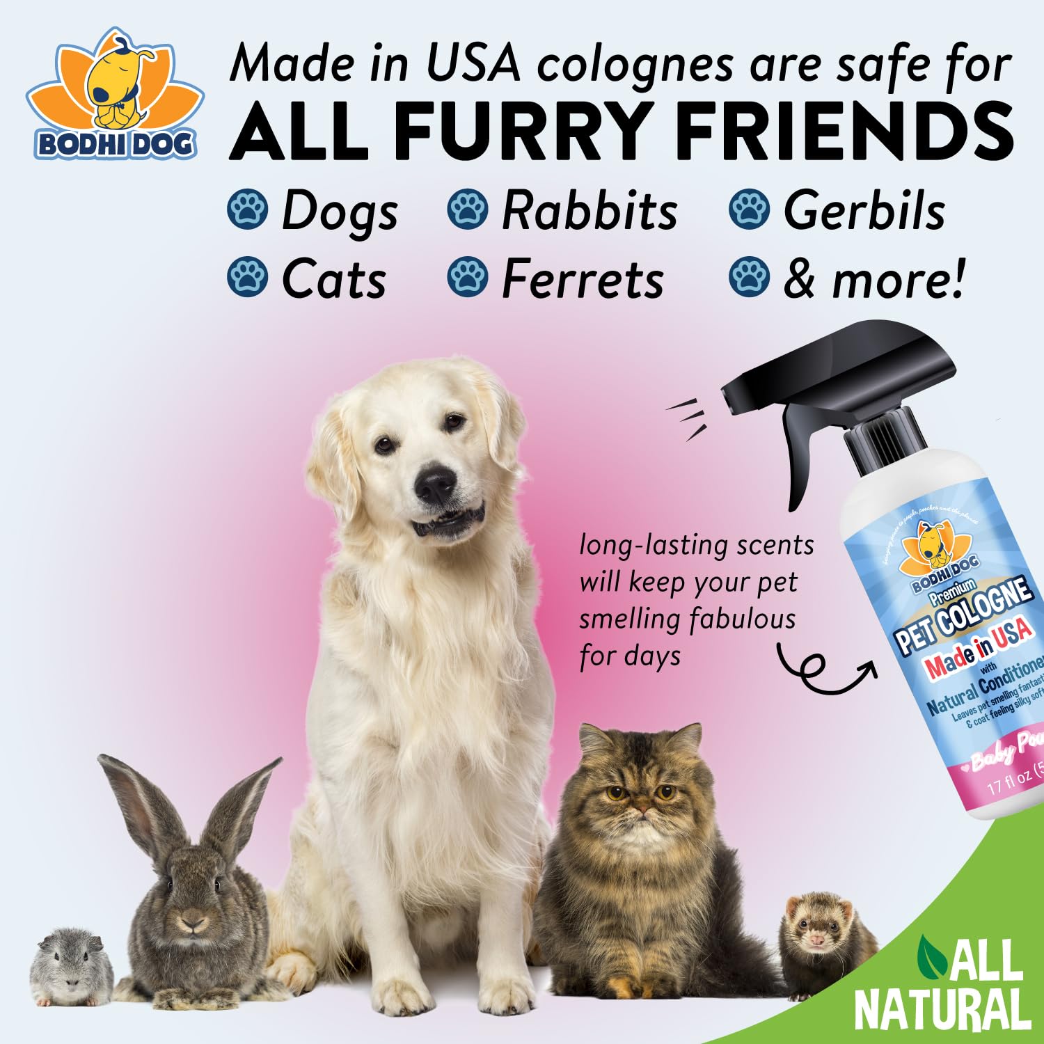 Bodhi Dog cologne in use, refreshing a pet after errands or yard play.