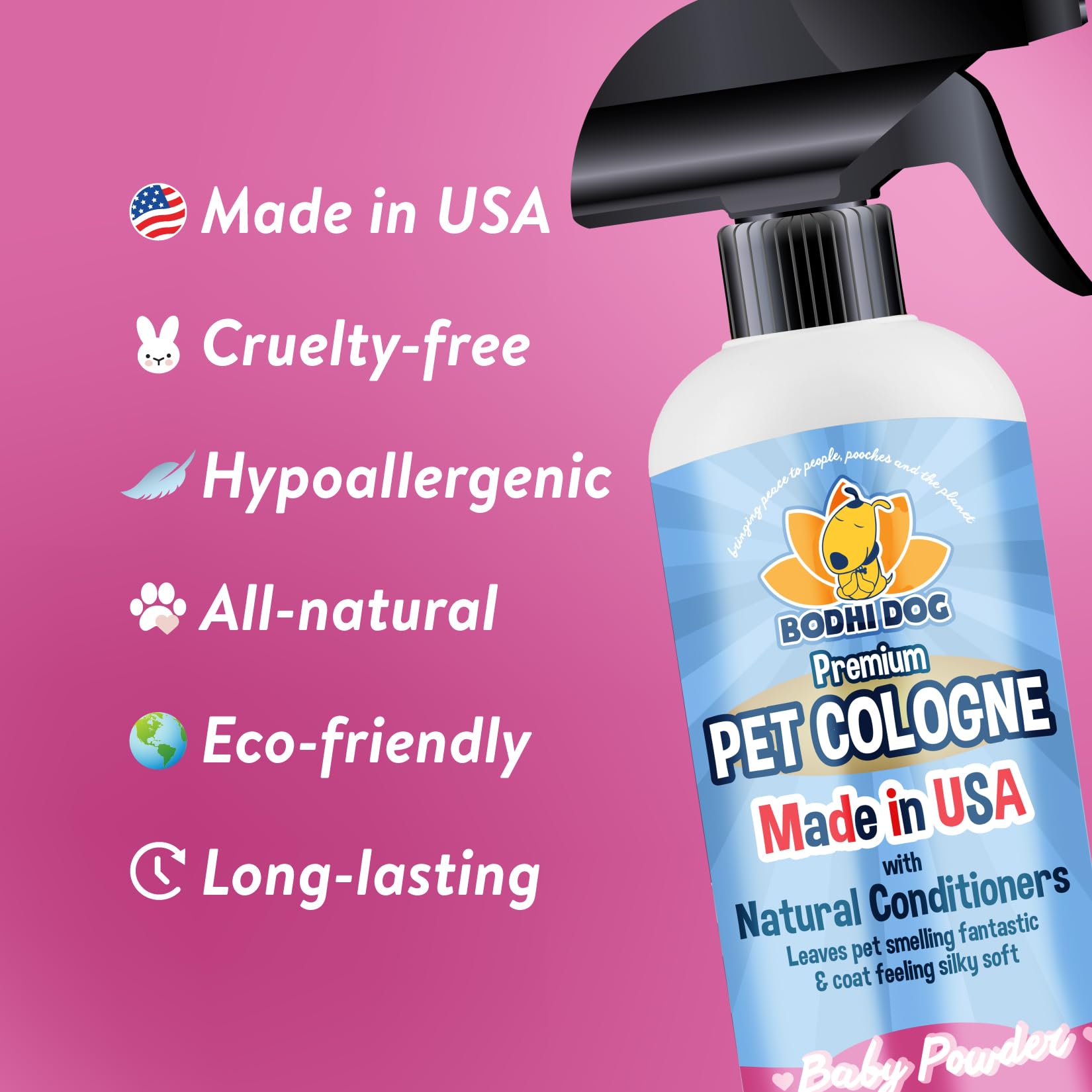 Bodhi Dog premium dog cologne label highlights USA-made, natural formula.