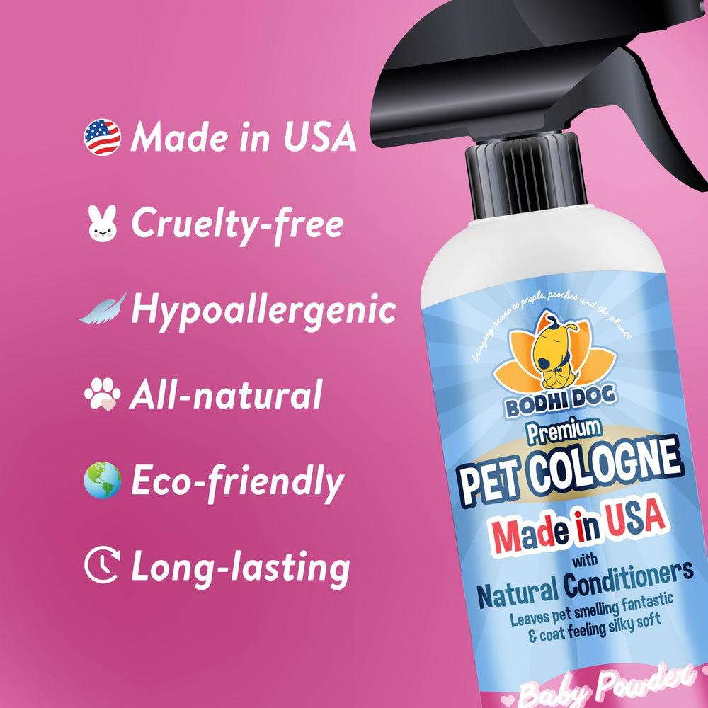 Bodhi Dog premium dog cologne label highlights USA-made, natural formula.