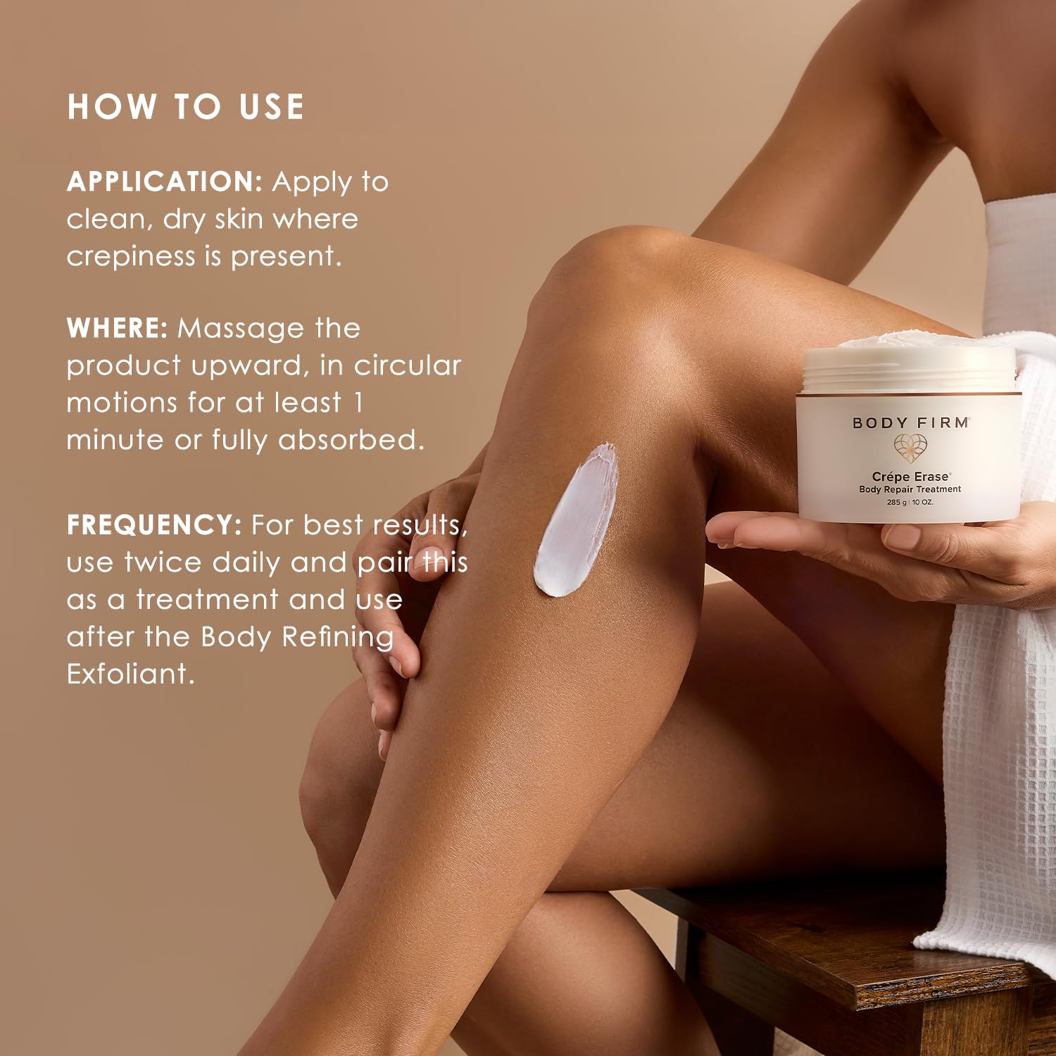 Body Firm Crepe Erase lotion on skin, quick absorption in action