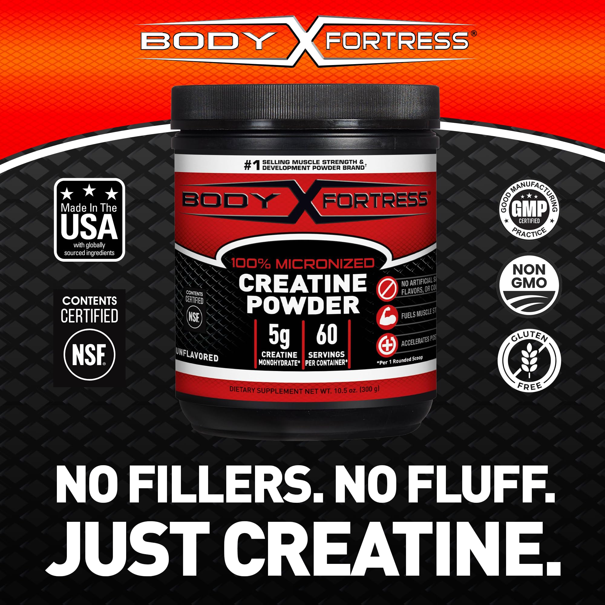 Body Fortress creatine monohydrate powder close-up shows fine micronized texture.