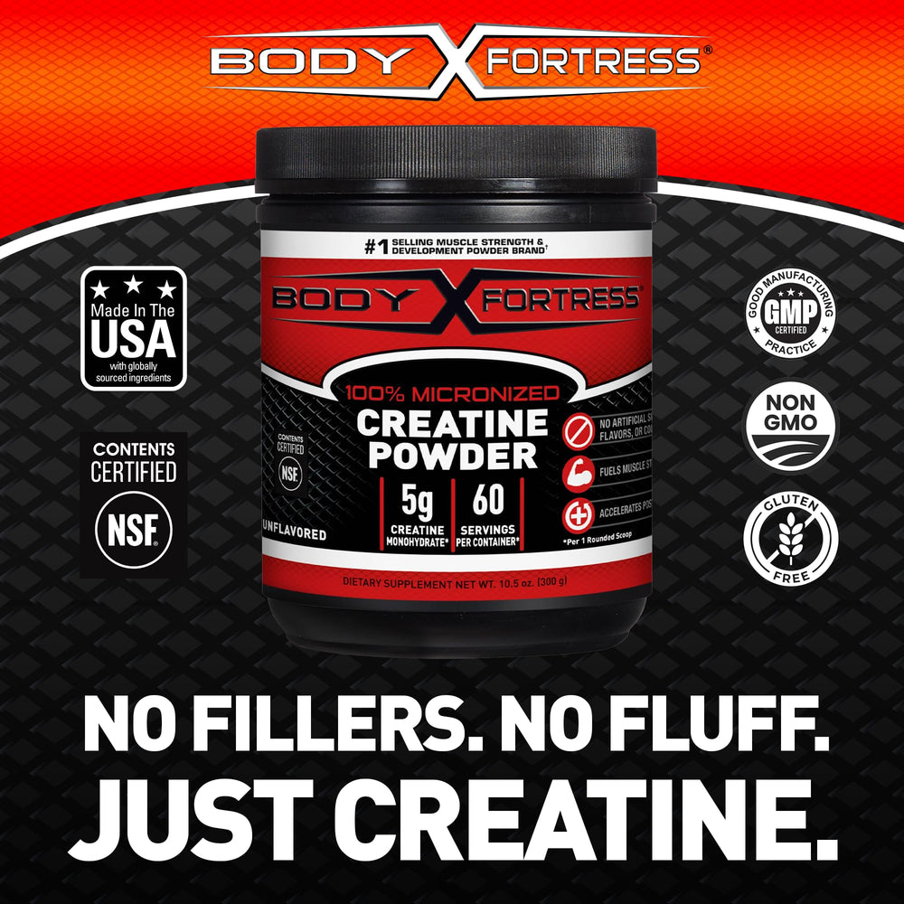 Body Fortress creatine monohydrate powder close-up shows fine micronized texture.
