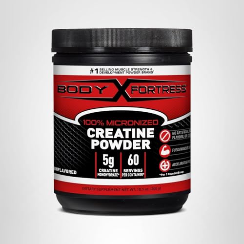 Body Fortress creatine monohydrate powder tub close-up with clean label.