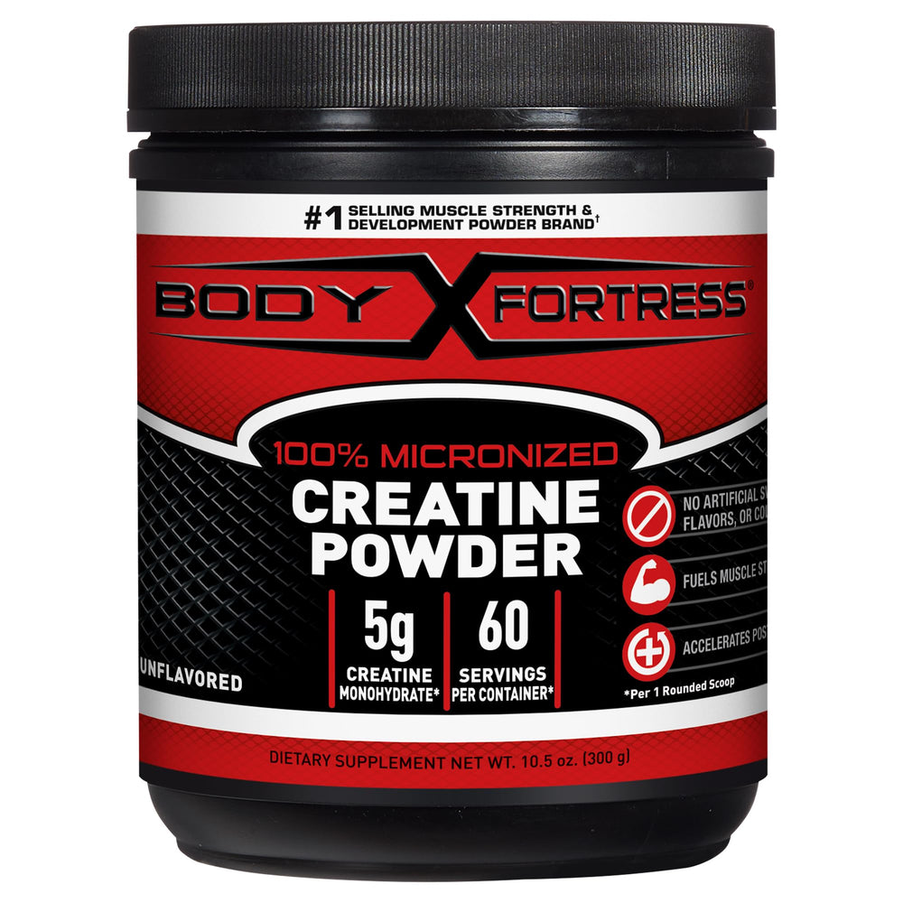 Body Fortress creatine monohydrate powder tub ready for clean strength support.