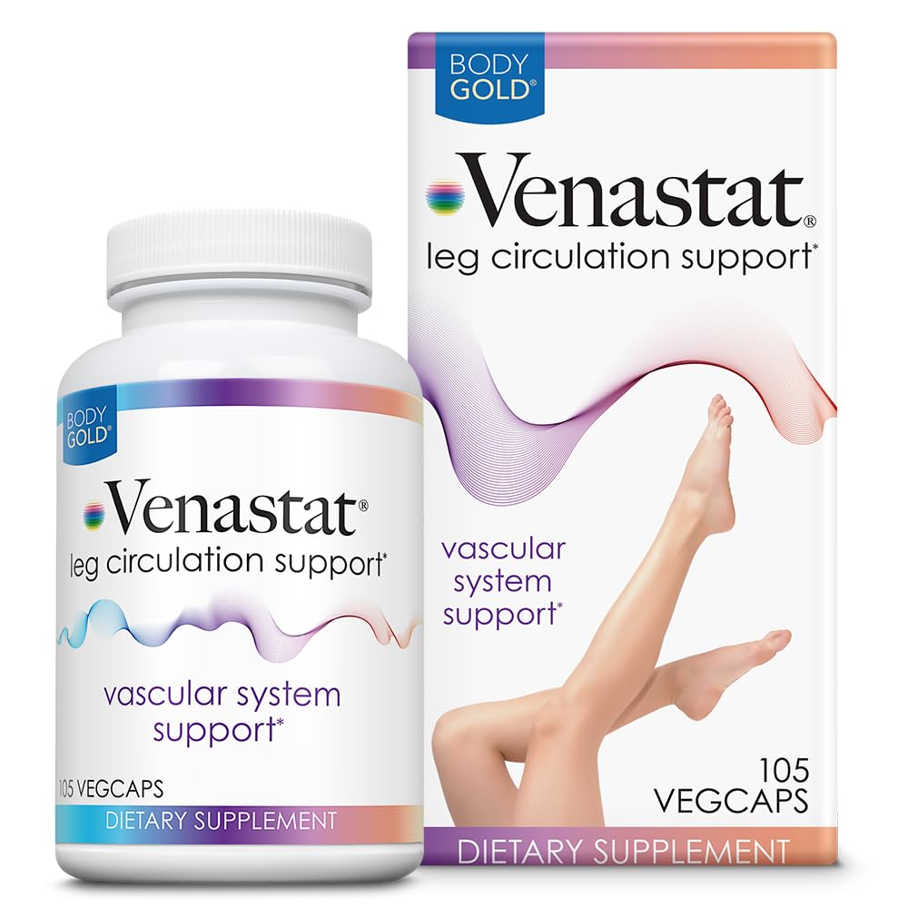Body Gold Venastat bottle and capsules for leg comfort and vein support.