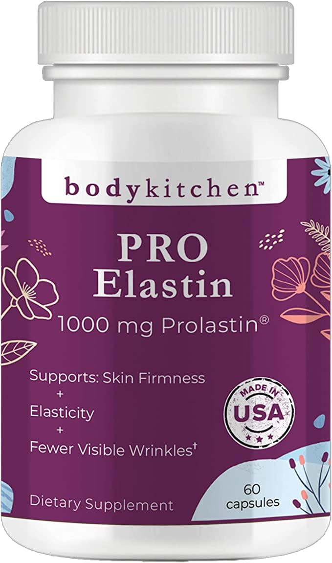 Body Kitchen Pro-Elastin bottle closeup showing premium formula for skin elasticity support.