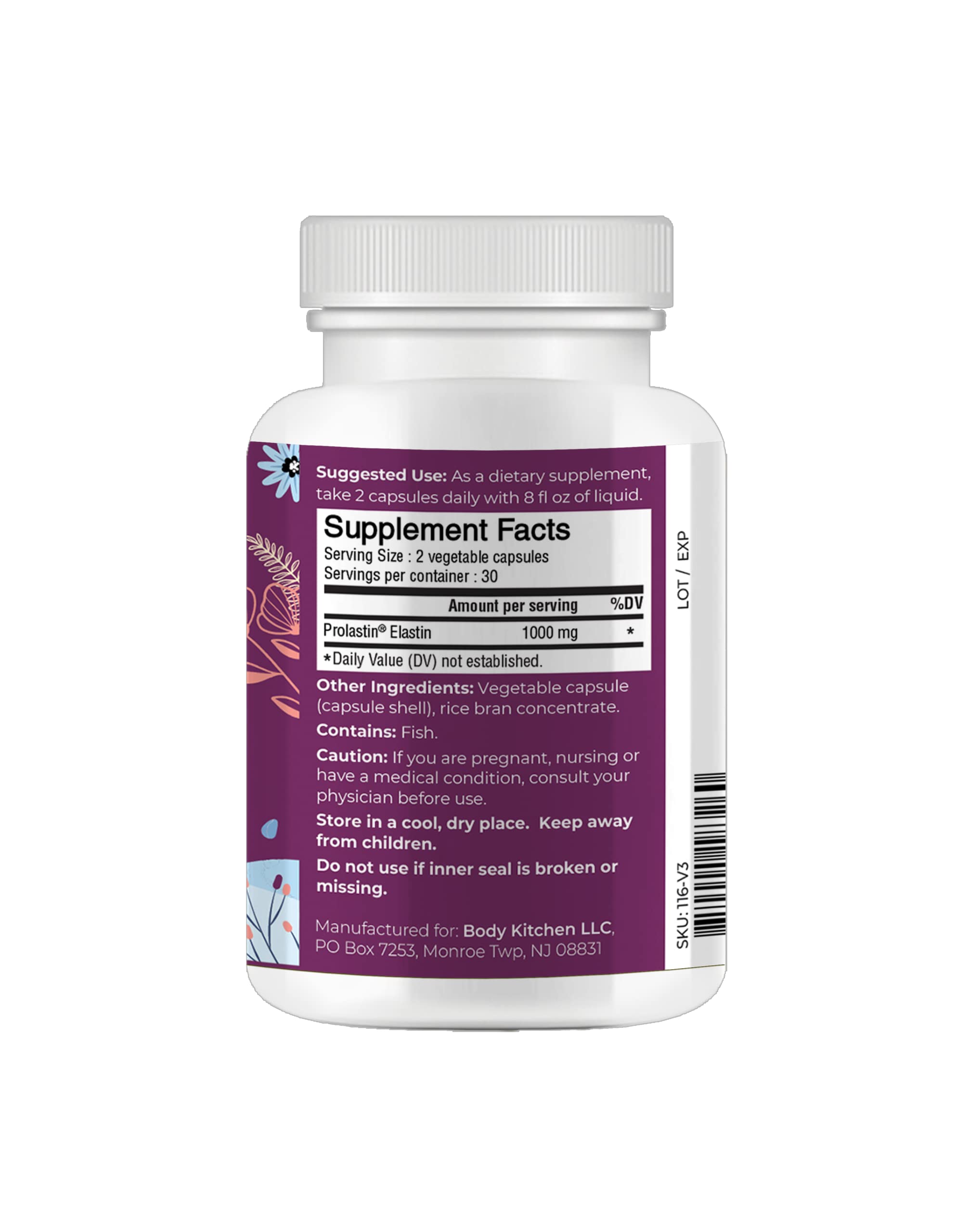 Body Kitchen Pro-Elastin capsules inside bottle illustrating easy veggie-caps daily use.
