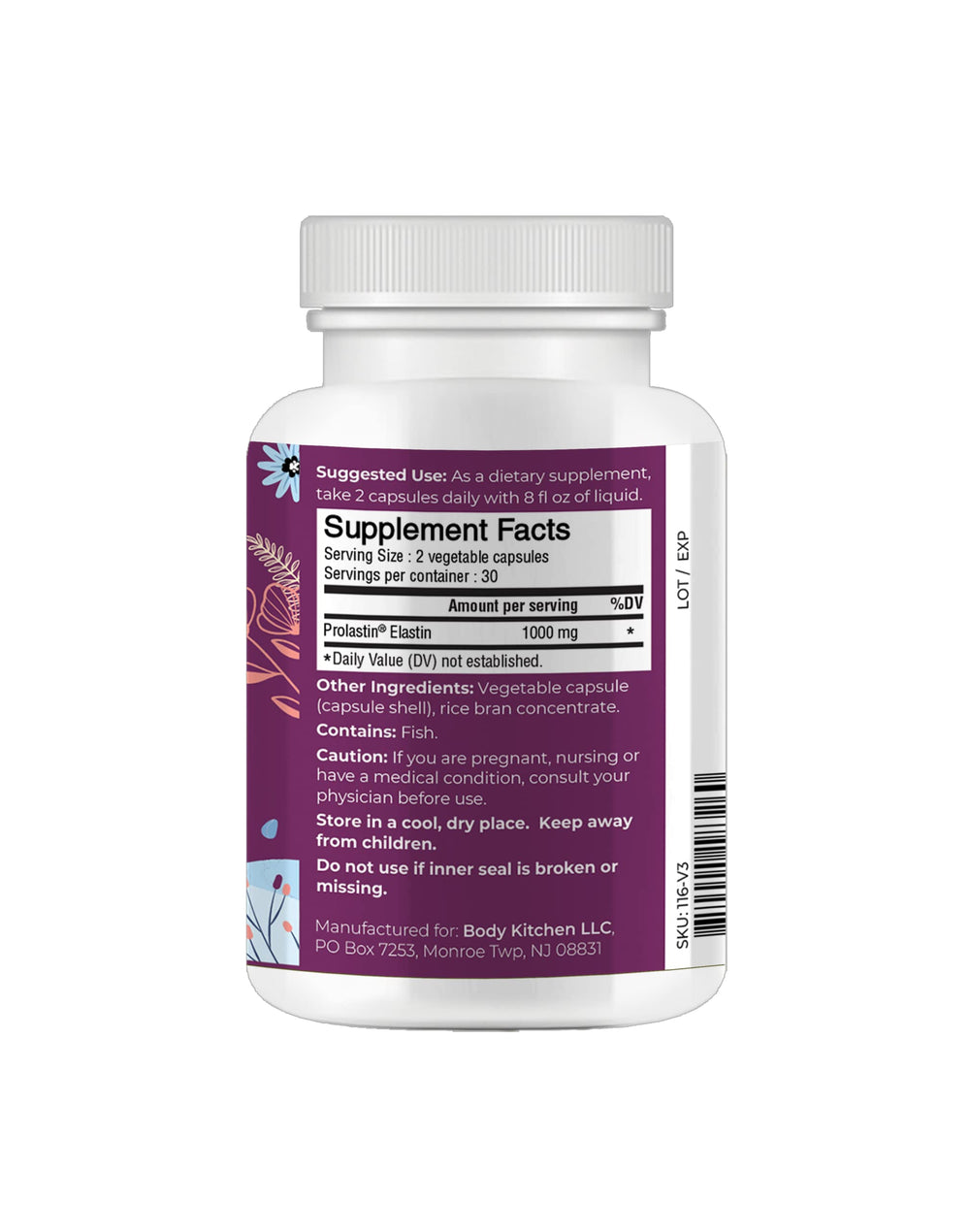 Body Kitchen Pro-Elastin capsules inside bottle illustrating easy veggie-caps daily use.
