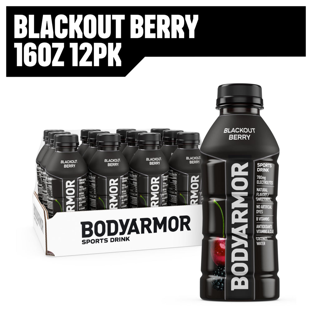 BODYARMOR 16 oz bottle beside gym gear demonstrates convenient post-workout drink.