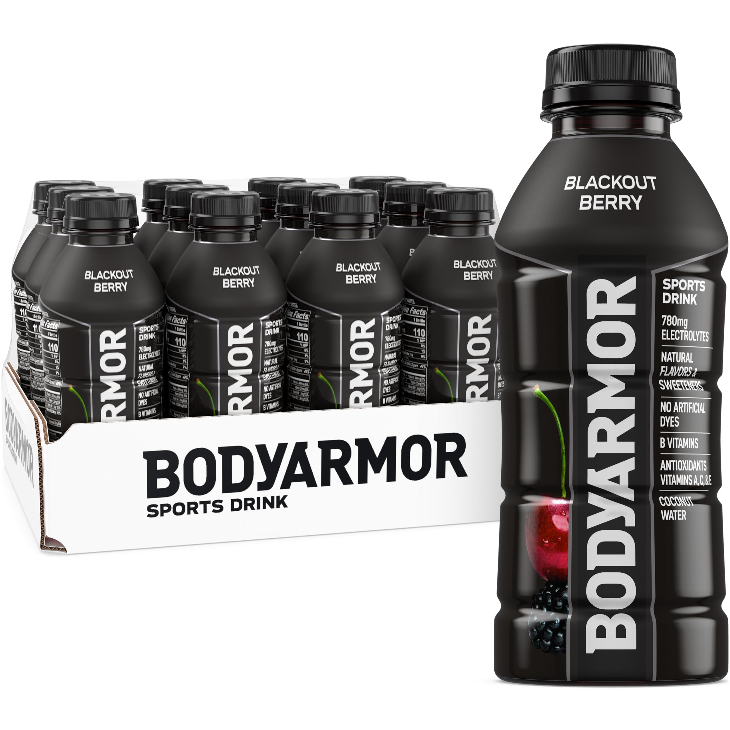 BODYARMOR Blackout Berry bottle for refreshing hydration during workouts.