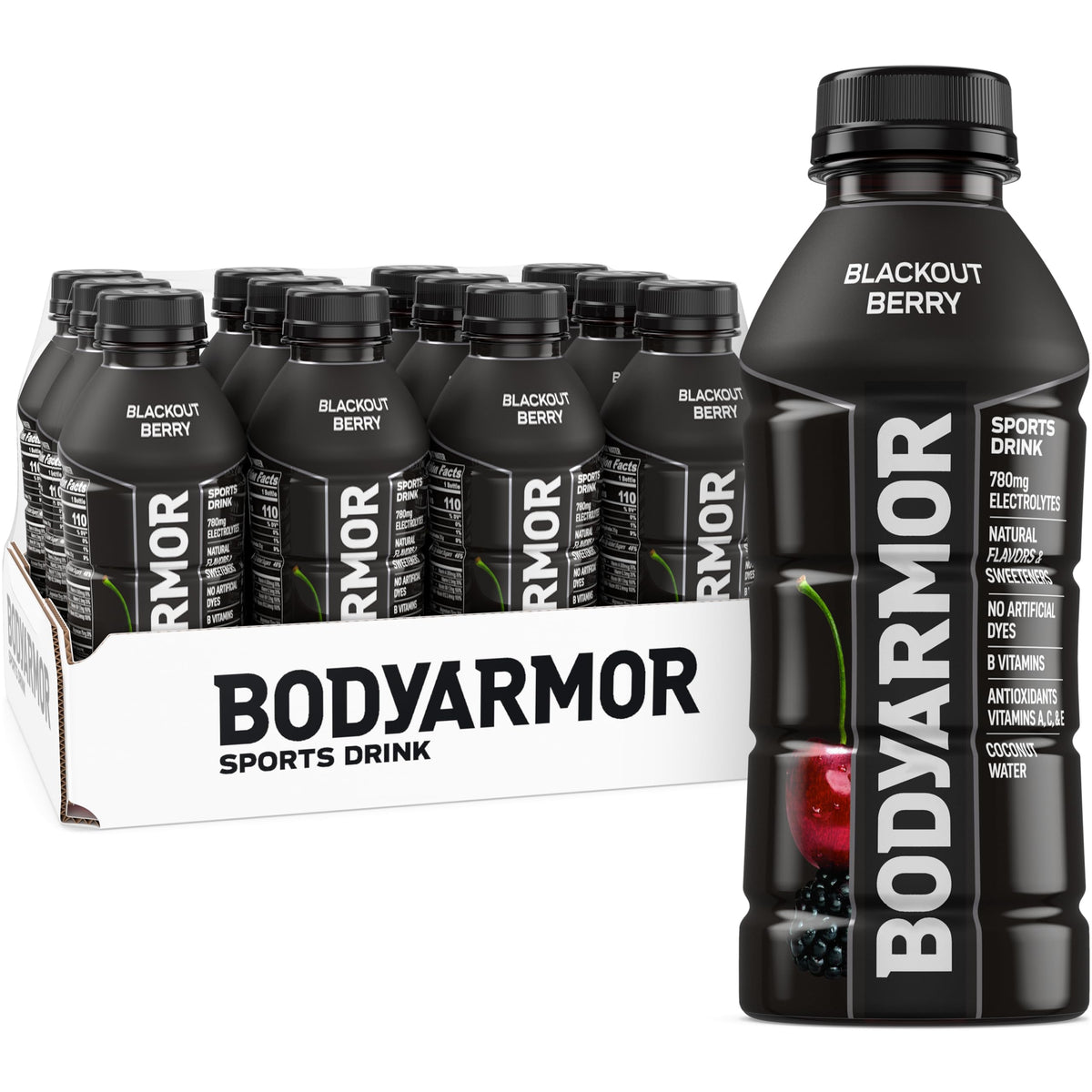 BODYARMOR Blackout Berry bottle for refreshing hydration during workouts.