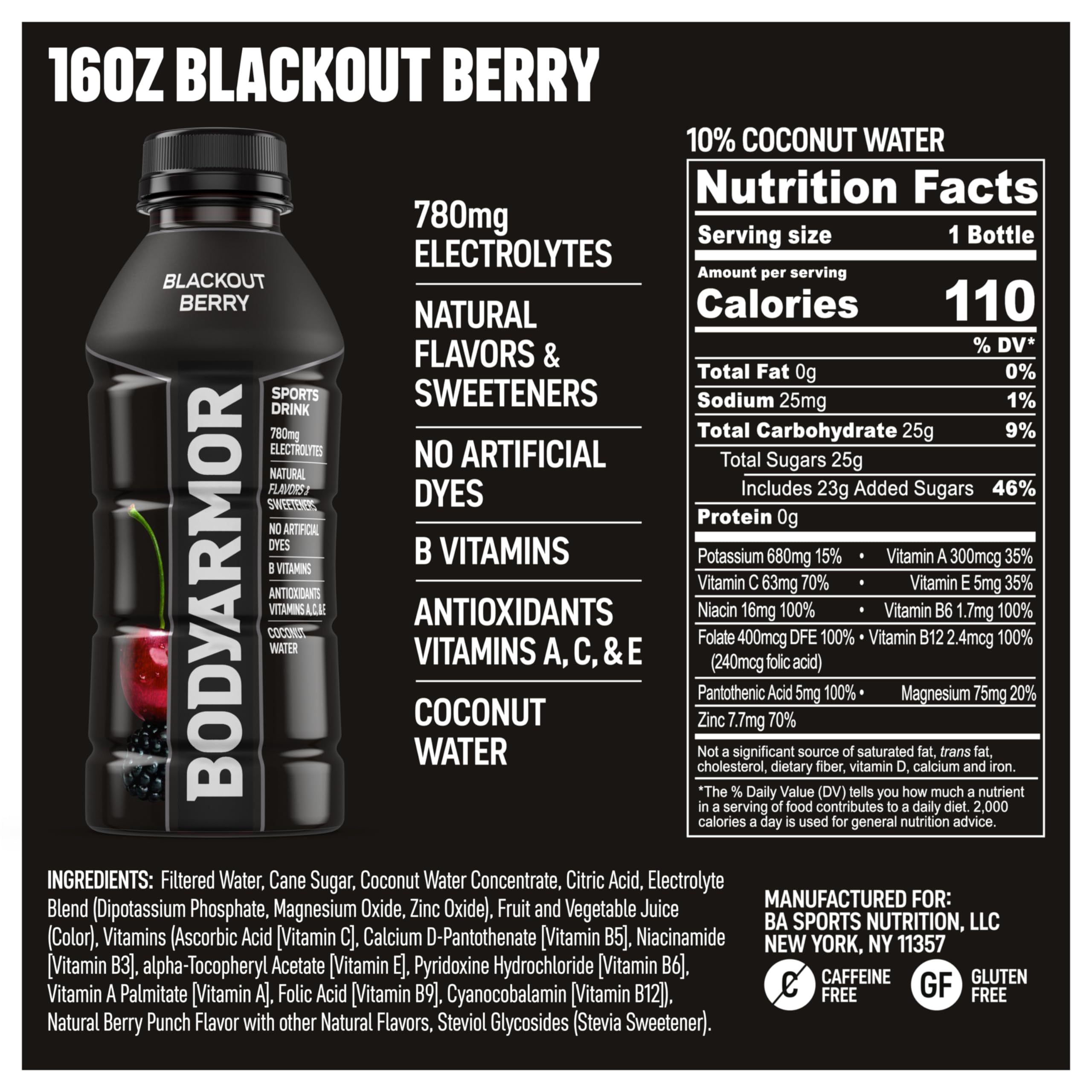 BODYARMOR Blackout Berry front pack shows a convenient 16 oz bottle for on-the-go hydration.