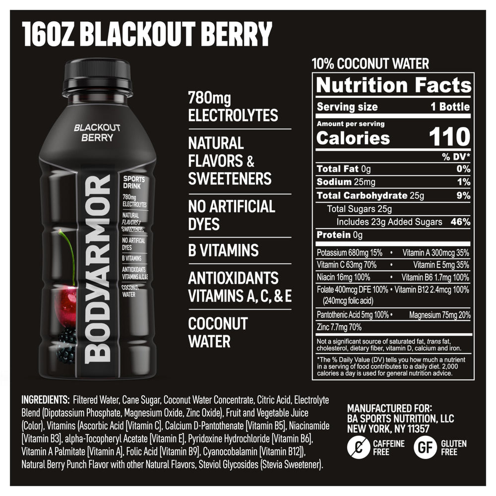 BODYARMOR Blackout Berry front pack shows a convenient 16 oz bottle for on-the-go hydration.