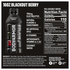 BODYARMOR Blackout Berry front pack shows a convenient 16 oz bottle for on-the-go hydration.