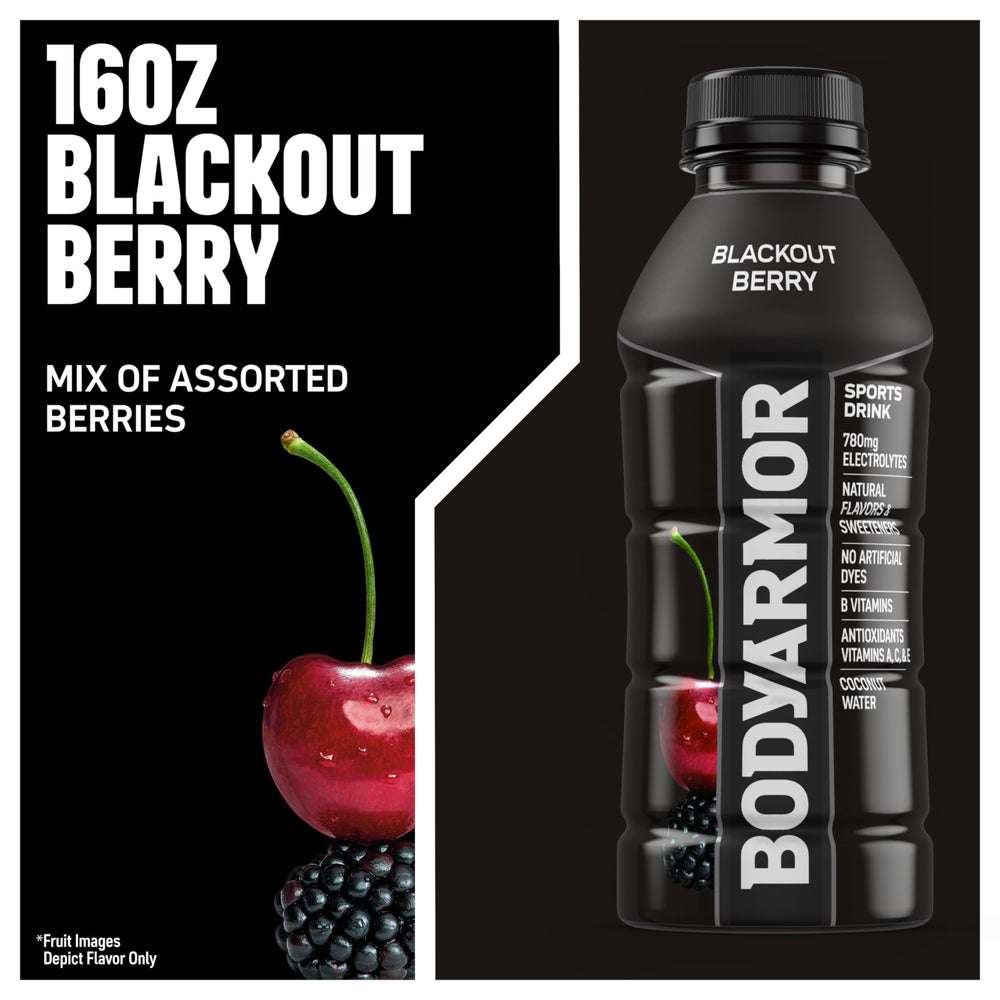 BODYARMOR Blackout Berry pour image highlights quick hydration after training.