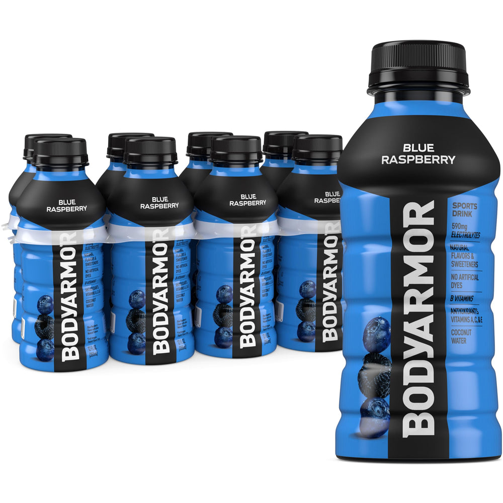 BODYARMOR blue raspberry bottle ready for workout hydration.