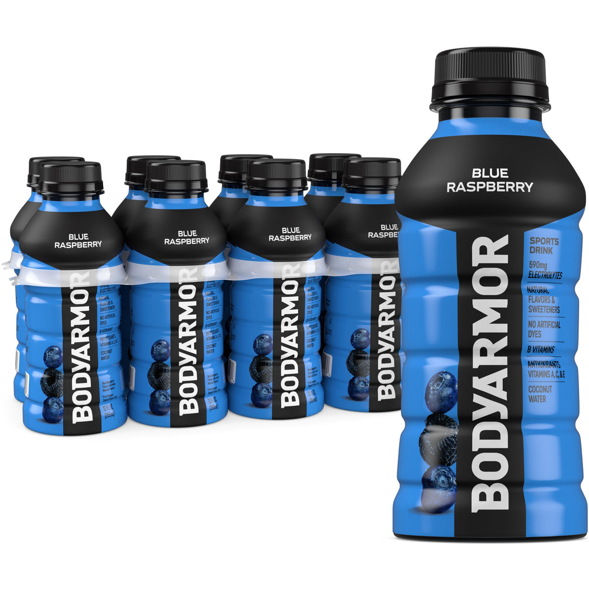 BODYARMOR blue raspberry bottle ready for workout hydration.