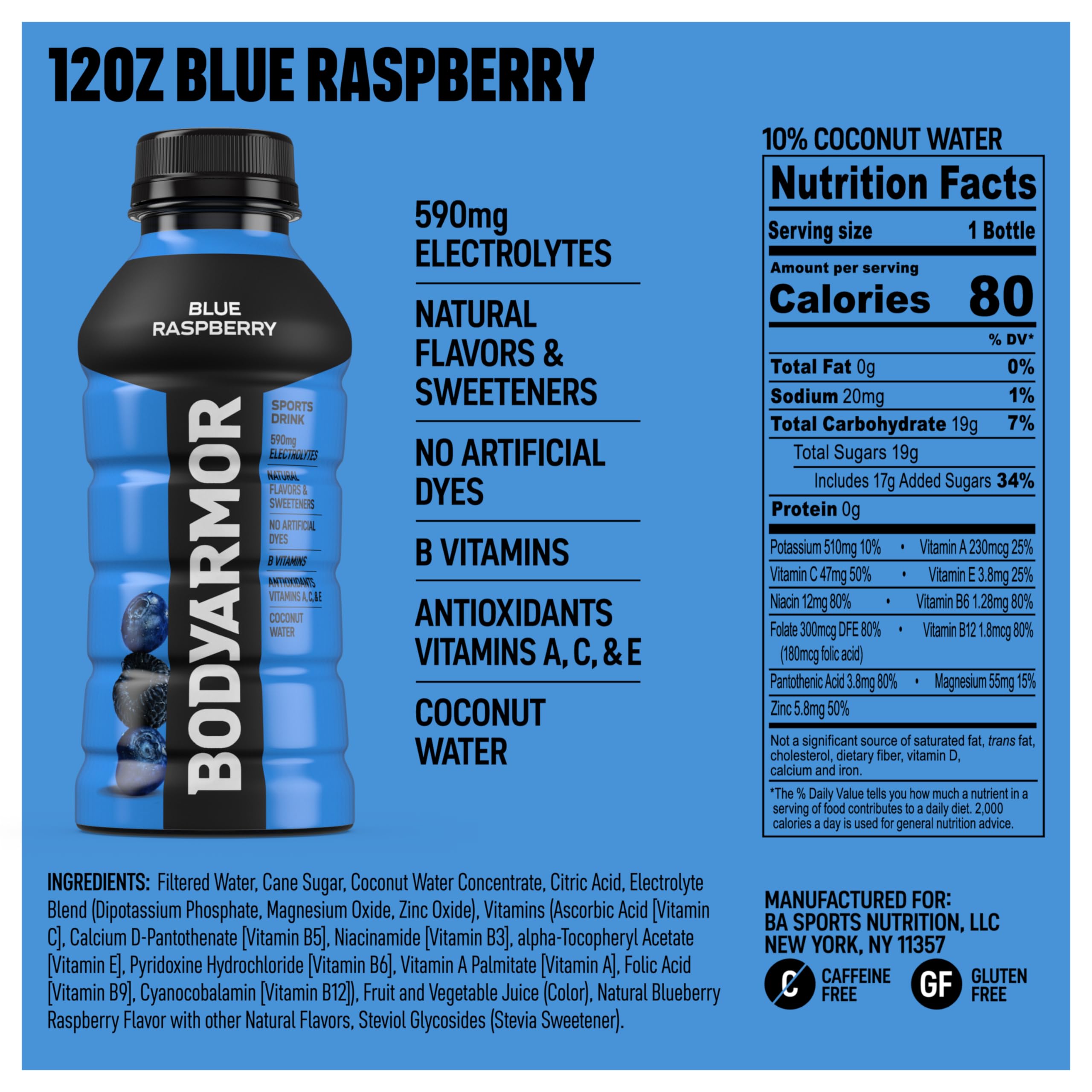 BODYARMOR blue raspberry pour highlights natural coconut water flavor.