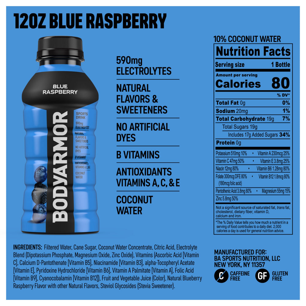 BODYARMOR blue raspberry pour highlights natural coconut water flavor.