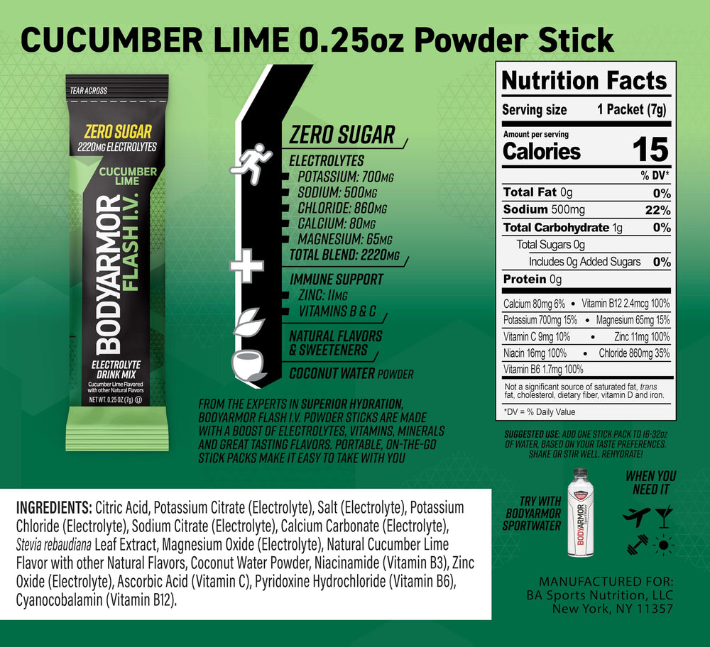 close-up of bodyarmor flash iv cucumber lime packets