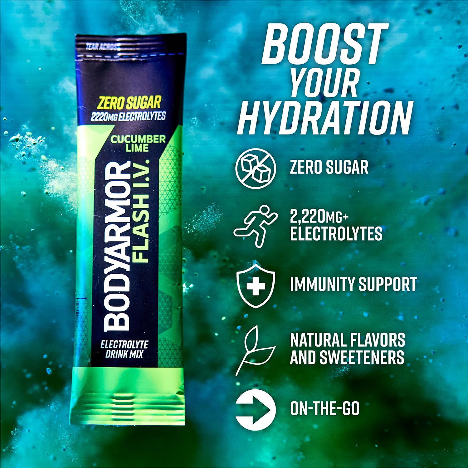 bodyarmor flash iv cucumber lime packets poured into water
