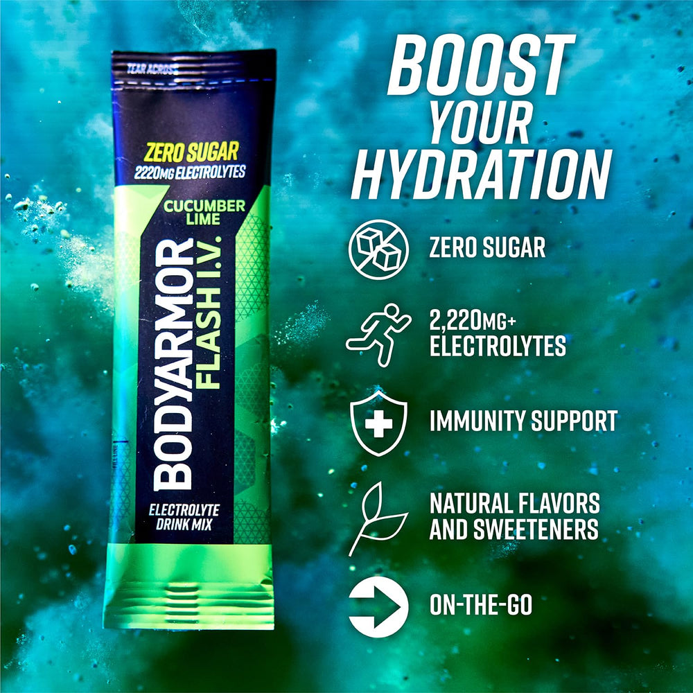 bodyarmor flash iv cucumber lime packets poured into water